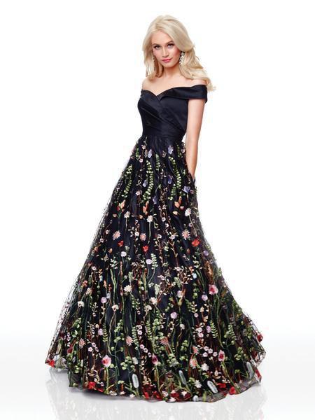 Clarisse - 3803 Floral Embroidered Off-Shoulder A-Line Gown In Black