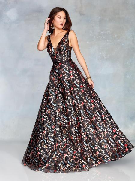 Clarisse - 3804 Plunging V-Neck Floral Evening Dress In Black