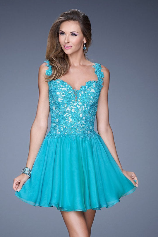 La Femme - 20672 Floral Applique A-Line Dress in Blue and Green