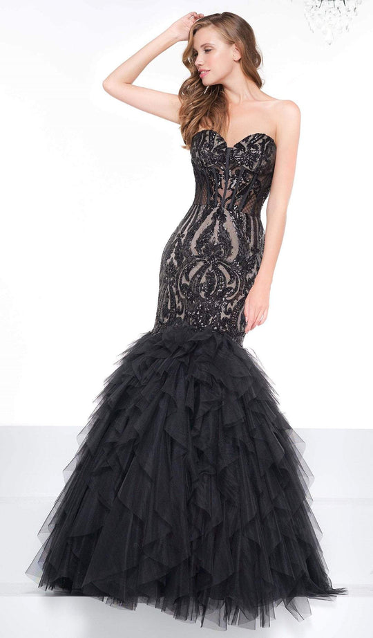Colors Dress - 2067 Sequined Illusion Corset Tiered Gown In Black and Nude