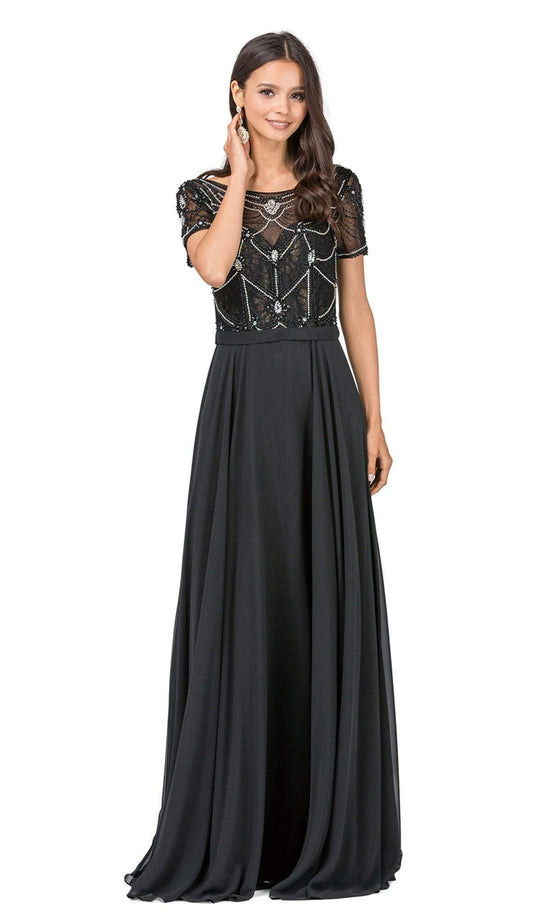 Dancing Queen - 2067 Embellished Sheer Short Sleeve Evening Dress In Black