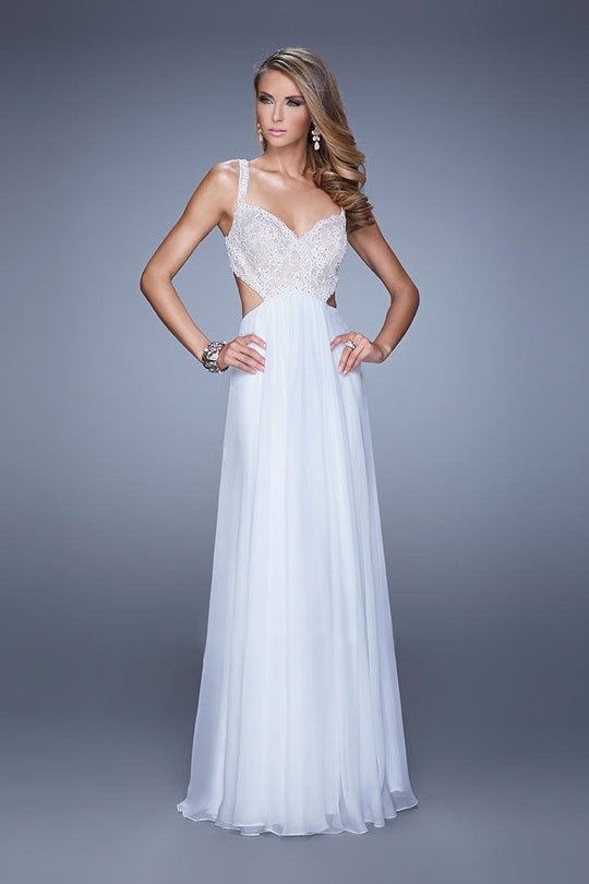 La Femme - 20710 Ornate Lace Cutout A-Line Gown in White