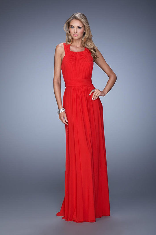 La Femme - Adjustable Strap Ruched Evening Gown 20765 In Red