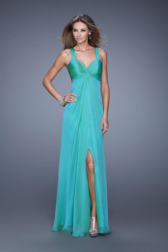 La Femme - 20774 Strappy Ruched Slit Evening Gown In Green