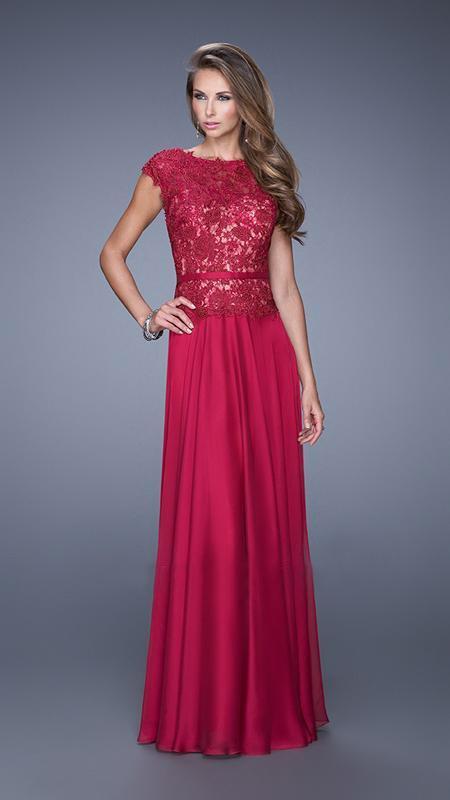 La Femme - 20778 Cap Sleeved Lace Evening Gown In Cranberry