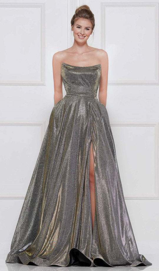 Colors Dress - 2078 Glitter Knit Modified Scoop Ballgown With Train In Gold and Multi-Color