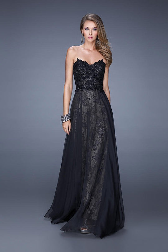 La Femme - 20798 Dazzling Strapless Sweetheart Lace Evening Gown In Black