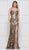 Colors Dress - 2080 Plunging Floral Sequined Mesh Gown In Gold
