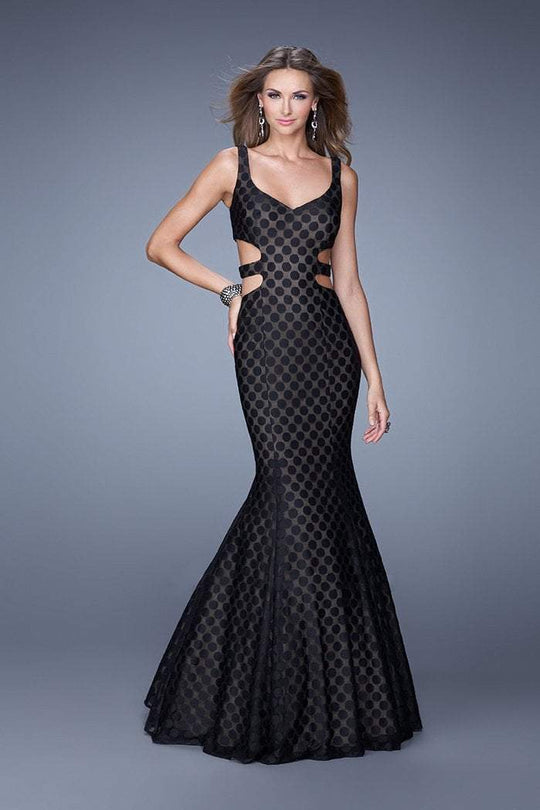 La Femme - 20813 Sleeveless Polka Dot Print Mermaid Gown In Black and Print