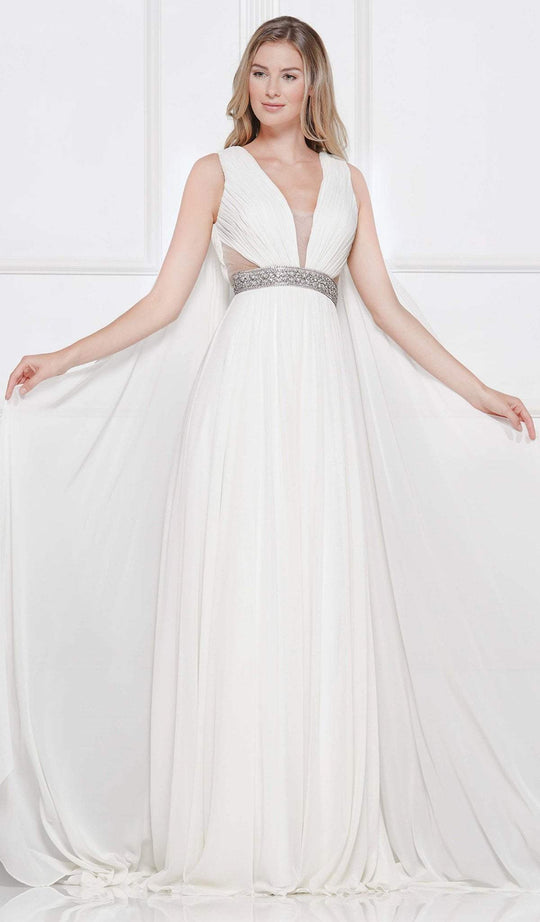 Colors Dress - 2083 Ruched Plunging Caped Evening Gown In White