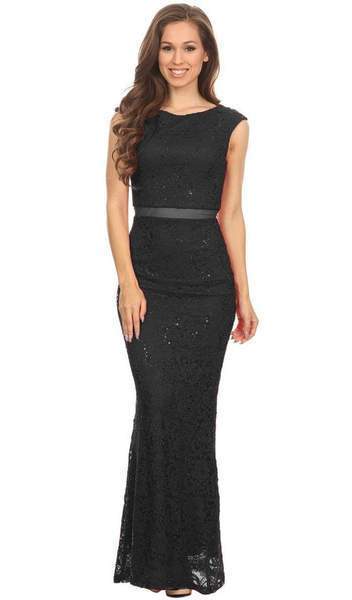 Eureka Fashion - Cap Sleeve Floral Lace Illusion Midriff Gown 2085 In Black