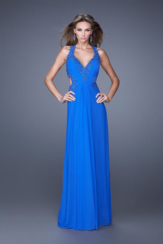 La Femme - 20867 Beaded Lace Ruched Halter Evening Gown In Blue