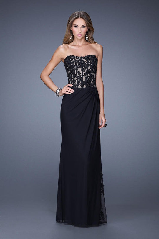 La Femme - 20869 Strapless Sheer Lace Evening Gown In Black