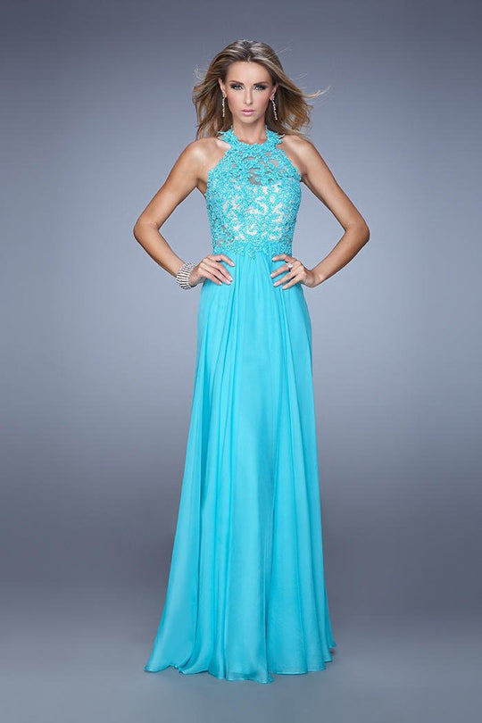 La Femme - 20874 Sleeveless Lace Halter Evening Gown In Blue