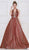 Colors Dress - 2087 Plunging Halter Pleated Metallic Ballgown In Orange and Multi-Color