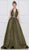 Colors Dress - 2087 Plunging Halter Pleated Metallic Ballgown In Green and Multi-Color