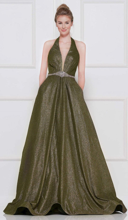 Colors Dress - 2087 Plunging Halter Pleated Metallic Ballgown In Green and Multi-Color