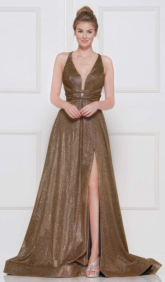 Colors Dress - 2088 Metallic Wrap-Banded High Slit Gown In Gold and Multi-Color