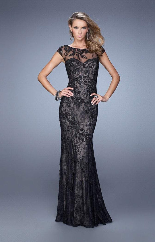 La Femme - 20892 Lace Embellished Sheer Evening Gown In Black