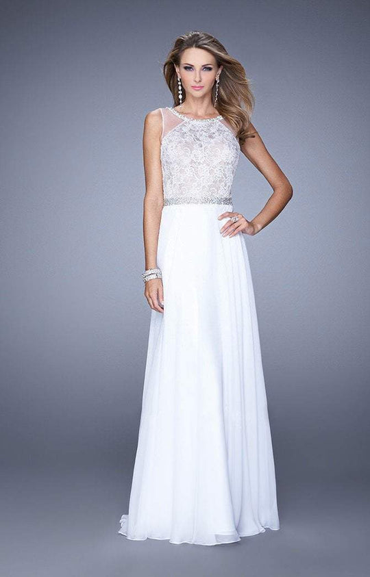 La Femme - 20899 Rhinestone Embellished Chiffon Gown In White