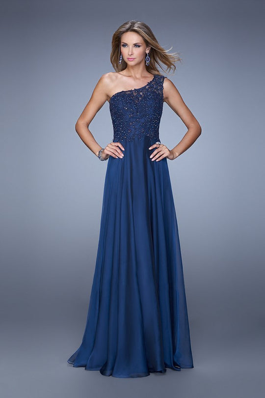 La Femme - 20907 Beaded Asymmetric A-line Dress In Blue