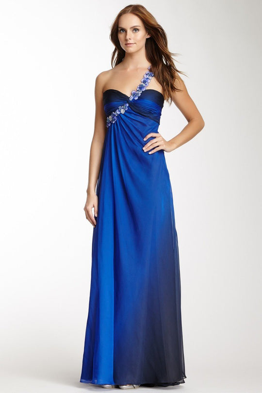 La Femme - 17164 Floral One Shoulder Ombre Long Gown In Purple and Black