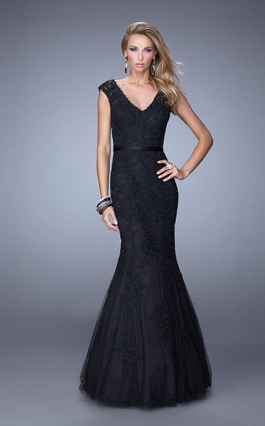 La Femme - 20918 Floral V Neck Cap Sleeves Mermaid Gown In Black