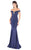 Mac Duggal Flash - 2091L Brooch-Accented Off Shoulder Glitter Gown in Blue