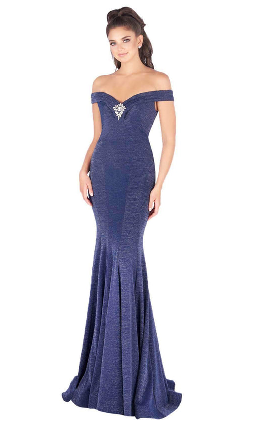 Mac Duggal Flash - 2091L Brooch-Accented Off Shoulder Glitter Gown in Blue