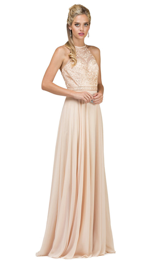 Dancing Queen - 2092 Embroidered Halter A-Line Evening Gown in Nude