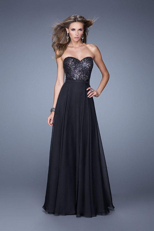 La Femme - 20937 Shimmering Strapless Lace A-line Gown In Black