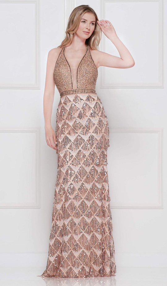 Colors Dress - 2093 Sequined Deep V-neck Sheath Dress In Pink and Gold