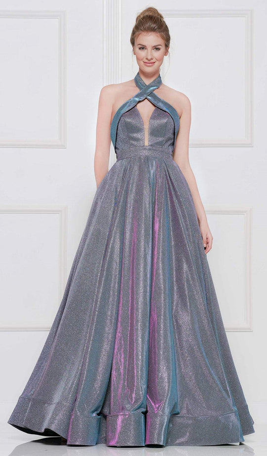 Colors Dress - 2094 Metallic Glitter Knit Halter Ballgown In Purple and Multi-Color