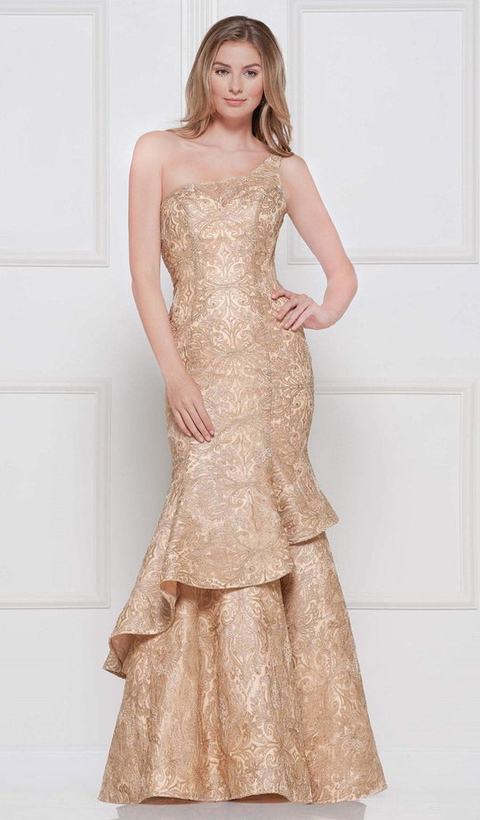 Colors Dress - 2096 Metallic Lace One Shoulder Trumpet Dress In Gold