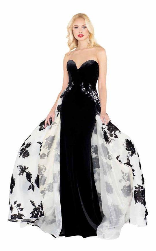 Mac Duggal Black White Red - 2097R Velvet Floral Beaded Overskirt Gown in Black