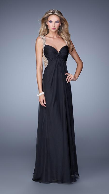 La Femme - 21012 Gold Beaded Chiffon Dress In Black