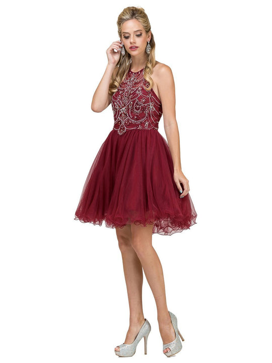 Dancing Queen - 2102 Halter Embellished Tulle Cocktail Dress in Red