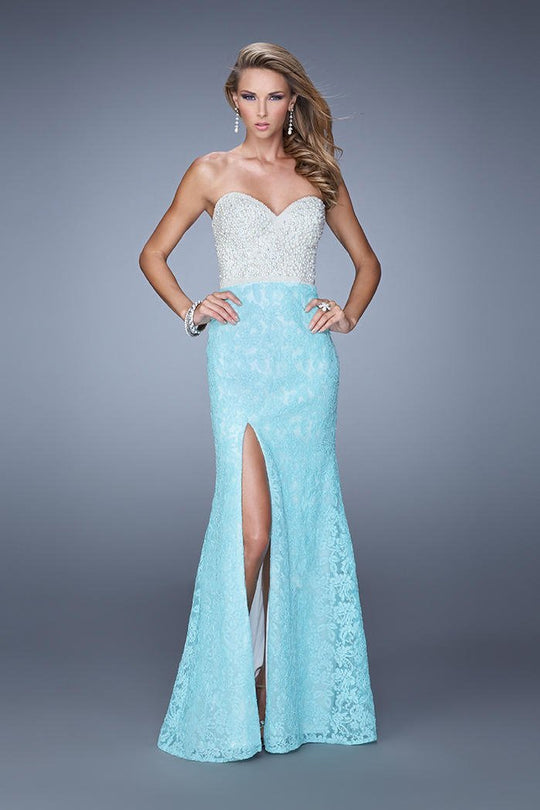La Femme - 21023 Lace and Pearl Accented Trumpet Dress In Blue