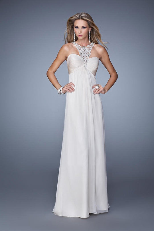 La Femme - 21025 Embroidered Halter A-line Dress In Neutral