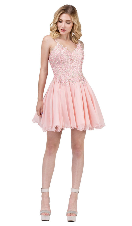 Dancing Queen - 2103 Embroidered V-neck A-line Homecoming Dress in Pink