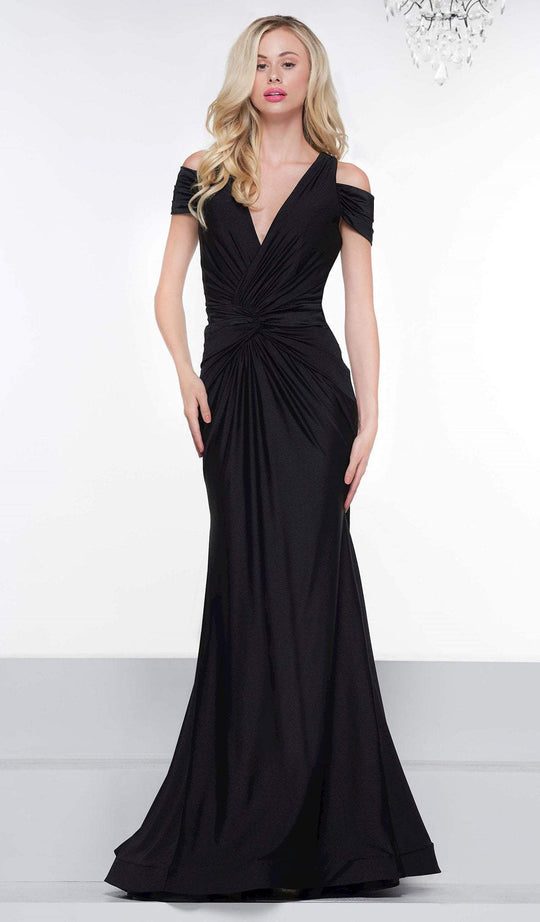 Colors Dress - 2103 V Neck Cold Shoulder Knotted Satin Mermaid Gown In Black