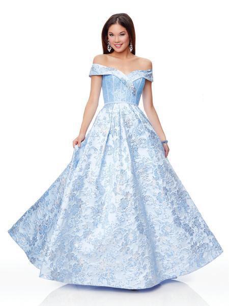 Clarisse - 3872 Off-Shoulder Floral Brocade A-Line Gown In Blue