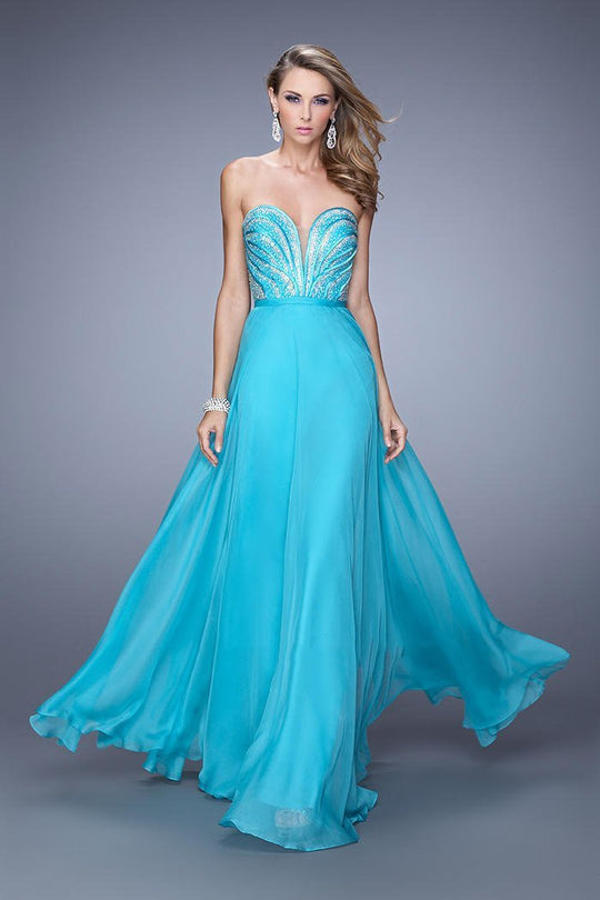 La Femme - 21054 Plunging Sweetheart Chiffon Gown in Blue and Green