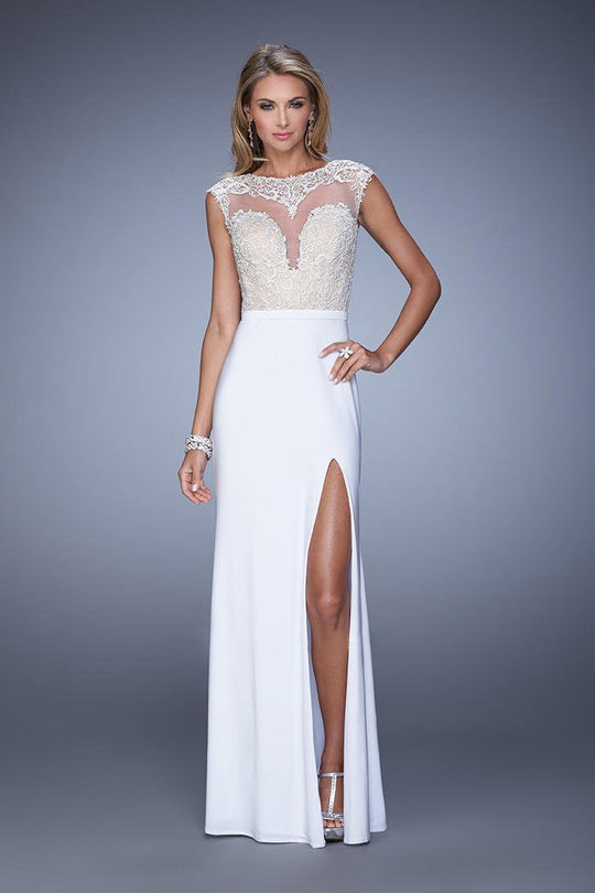 La Femme - 21065 Cap Sleeve Illusion Lace Gown in White