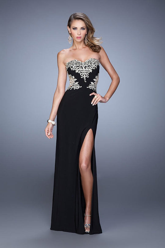 La Femme - 21073 Gilded Scrollwork Sheath Gown in Black