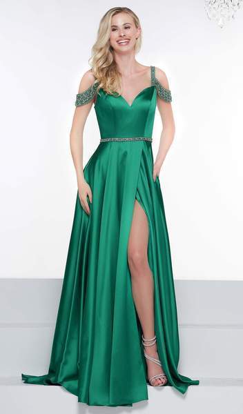 Colors Dress - Embellished V-neck Satin A-line Dress 2109 In Green