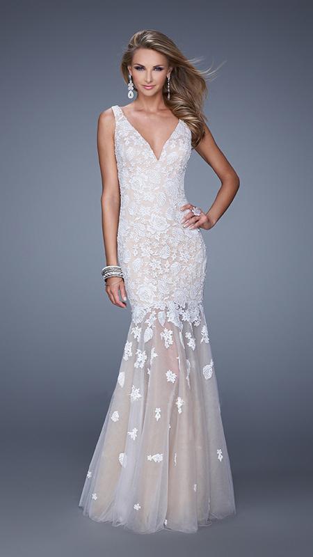 La Femme - 21105 V-Neck Lace Mermaid Evening Gown In White and Neutral