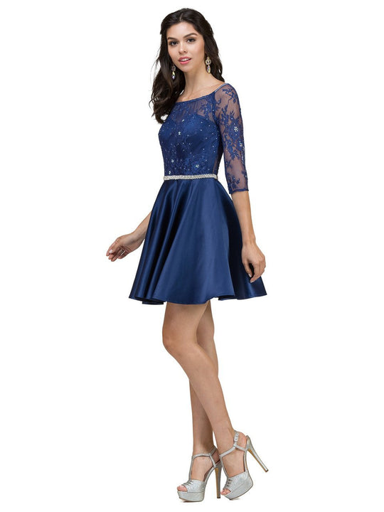 Dancing Queen Lace Embellished Illusion Bateau A-Line Dress 2112 In Blue