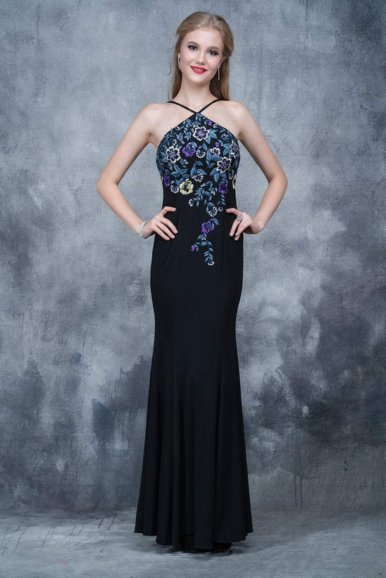 Nina Canacci - 2112 Halter Neck Floral Sheath Gown In Black