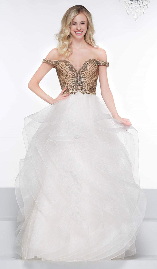 Colors Dress - 2112 Plunging Off Shoulder Tiered A-Line Gown In White and Gold